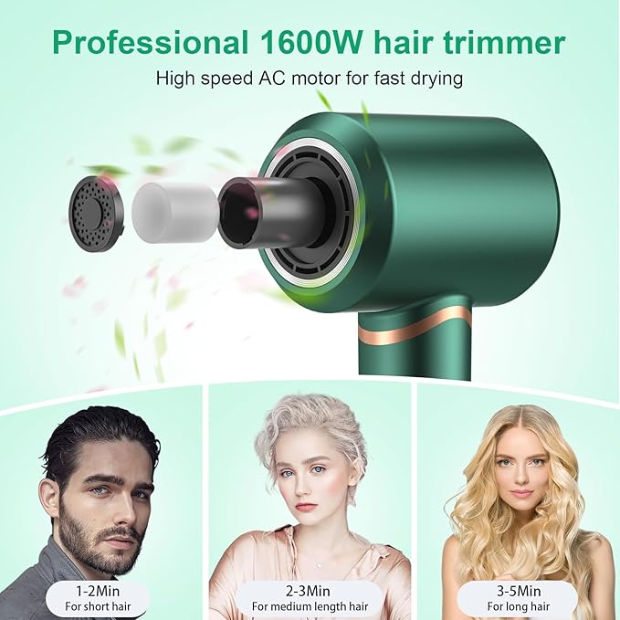 Hair Dryer Negative Ionic Blow Dryer for Fast Drying,Low Noise,Thermo Control Hair Dryer 2 Speed and 3 Heat Settings,Cold Air Button with 1 Diffuser 110000 RPM High Speed Brushless Motor (Green)