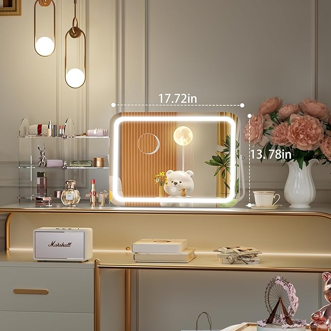 Hasipu Vanity Mirror with Lights, 18" x 14" LED Makeup Mirror, 3 Modes Light, Smart Touch Control Dimmable, 360°Rotation, Rectangle White Frame, with 5X Magnifying Glass