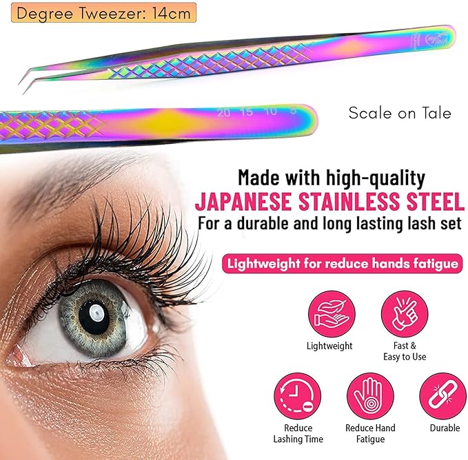 My Lash Tools Eyelash Extension Curved Degree Tweezers for Isolation Lash Extensions 14cm, Best for Individual Isolation & Classic Lashes Japanese Stainless Steel Eyelash Twisers (Rainbow)