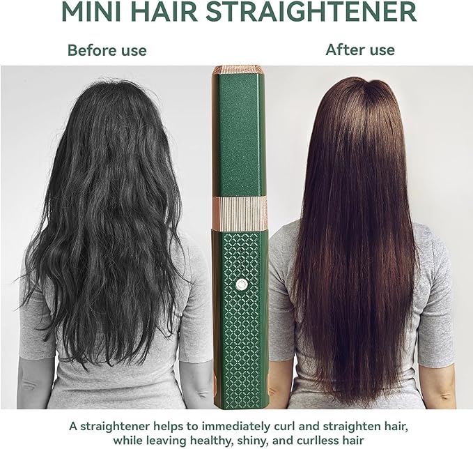 Cordless Hair Straightener, 2 in 1 Portable Mini Ceramic Flat Iron and Curler, USB-C Rechargeable Travel Straightener, Lock in Moisture & Shine, 3 Levels Adjustable (Green)