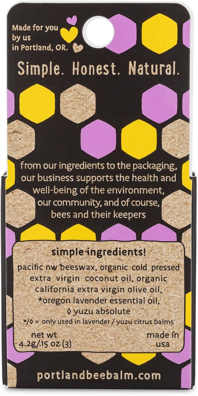 Portland Bee Balm All Natural Handmade Beeswax Based Lip Balm Unscented, Yuzu Citrus and Lavender Assortment 3 Count