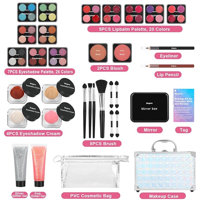 Anpro All-In-One Makeup Kit with Carry Case, Pro Teen Makeup Set, Girls Makeup Kit for Teens Tween Women, Full Starter Cosmetics Kit with Brushes, Lipsticks, Eye Shadows Palette, Blushes, Glitter Gel
