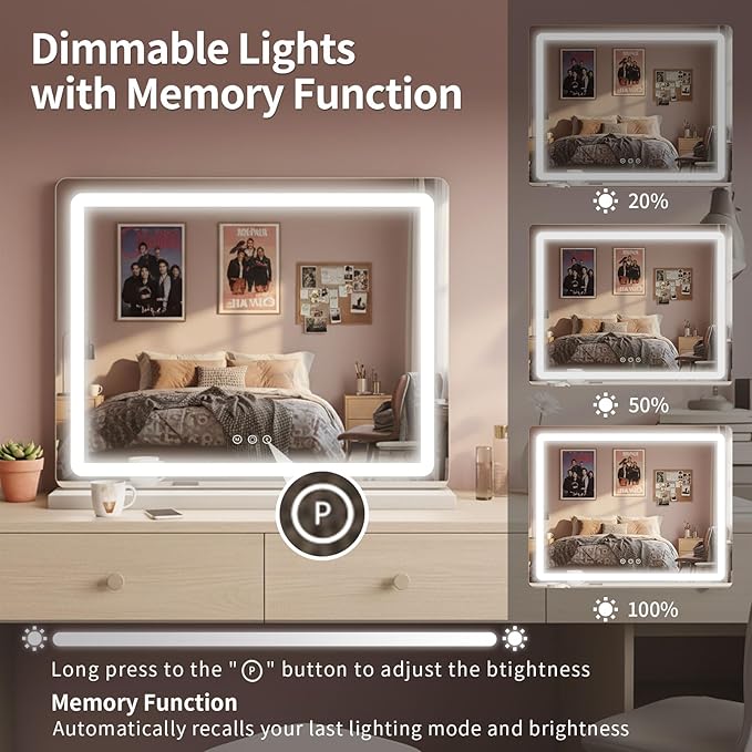 HNV 23"x17.8" Vanity Mirror with Lights, LED Makeup Mirror, Hollywood Lighted Mirror with 3 Color Modes & Adjustable Brightness, Smart Touch Control, White