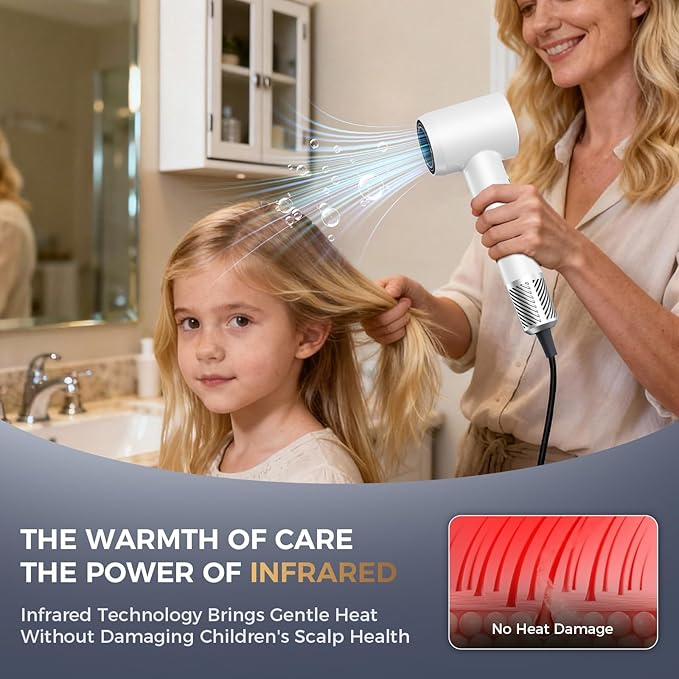 Infrared Hair Dryer, with Magnetic Nozzle - 160000 RPM Quiet lonic Blow Dryer for Women, with Frizz Control & No Heat Damage, Red Light Negative Ions, Fast Drying, for All Hair Types