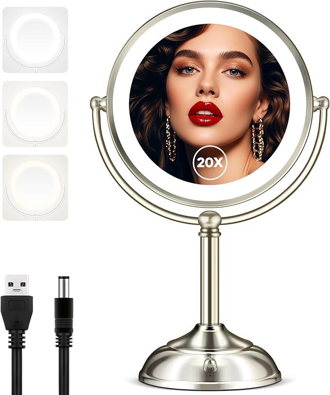 Makeup Mirror with Lights, 9" 20X Magnifying Mirror with Light and 3 Colors, Vanity Mirror with Lights and Adjustable Brightness, 2-Sided Desk Mirror with Light for Makeup, Nickel