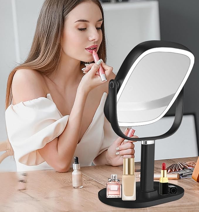 Lighted Makeup Mirror, 2600mAh Rechargeable 1x/10x Magnifying Vanity Mirror, 8.5" Height Adjustable Makeup Mirror with Lights 3 Color, 360° Rotation 2-Sided Light up Large Desk Mirror - Black