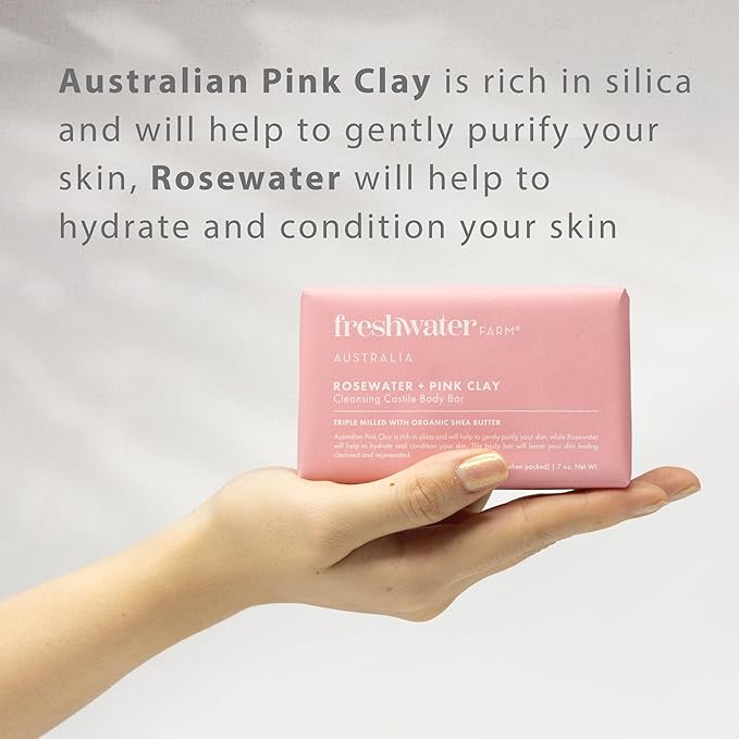 Freshwater Farm Australia Castile Natural Bar Soap | Rosewater + Pink Clay | Australian Made + Family Owned | Triple-Milled with Australian Pink Clay | Recyclable Paper Wrap | 200g x 8pk