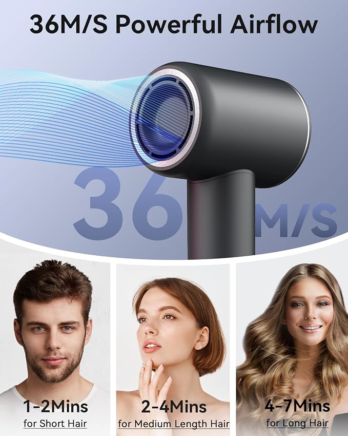 High-Speed Hair Dryer, Negative Ionic Blow Dryer with 110,000 RPM/1500W Brushless Motor for Fast Drying, Lightweight Hairdryer for Travel and Home, with Diffuser, Magnetic Nozzle