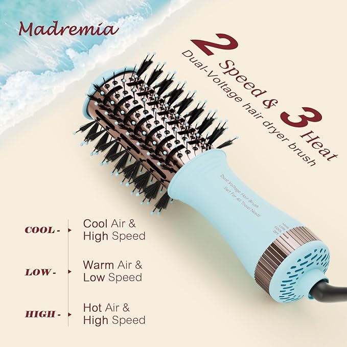 Travel Dual Voltage Hair Dryer Brush 4-in-1 Portable Mini Hot Air Blow Dryer Straightener & Curler Brush, Titanium Round Blowout Styler Volumizer Tools, 110/240V US/EU/UK -Baby Blue & Rose Gold