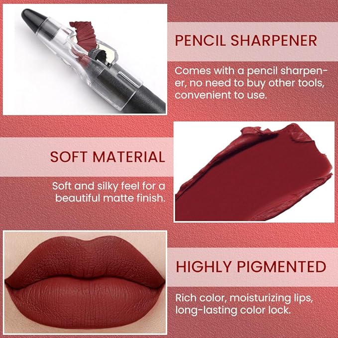 Wine Crayon Matte Lipstick Lip Liner Pencil, Moisture Smooth Lipstick Penil, With Pencil Sharpener Sharpenable Lip Pen Ultimate Lip Crayon for Women Easy to Apply Waterproof 09#