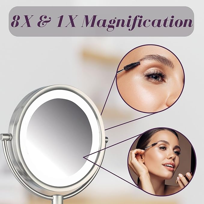 JERDON Wall-Mounted Vanity Mirror with Lights - Hard Wired Makeup Mirror with 8X Magnification & Nickel Finish - Direct Wire Model HL88NLD