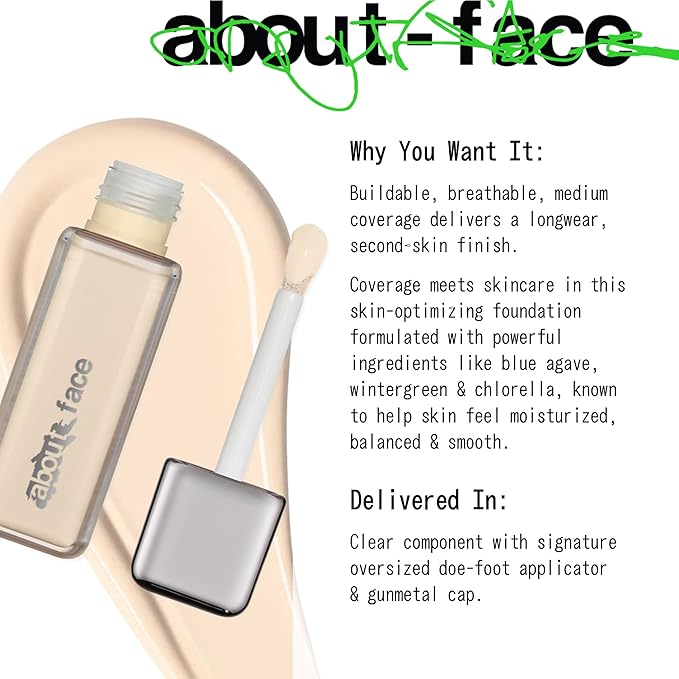 about-face THE PERFORMER Skin-Focused Foundation F1Warm – Medium Coverage, Long-Wear, Breathable & Buildable Base – Clean, Vegan, Hydrating Formula with Blue Agave & Chlorella – 1.08oz