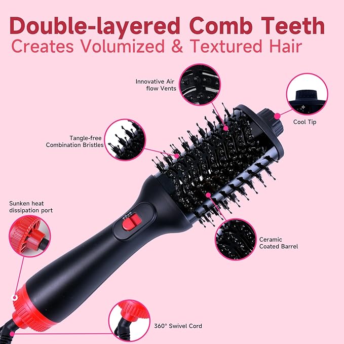 4-in-1 Hair Dryer Brush - Brush Blow Dryer Hot Air Styler for Frizz-Free Blowouts, Salon Volumizer & Straightener with ALCI Safety Plug, 3 Heat Settings(KD312)