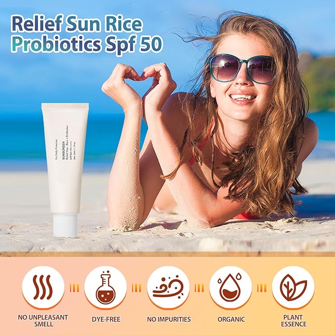 2PCS Relief Sun Rice + Relief Sun Organic Sunscreen SPF50, Probiotics SPF50+ Rice Sunscreen Korean PA++++ for All Skin Type and UV Defense(2PCS*50ml)