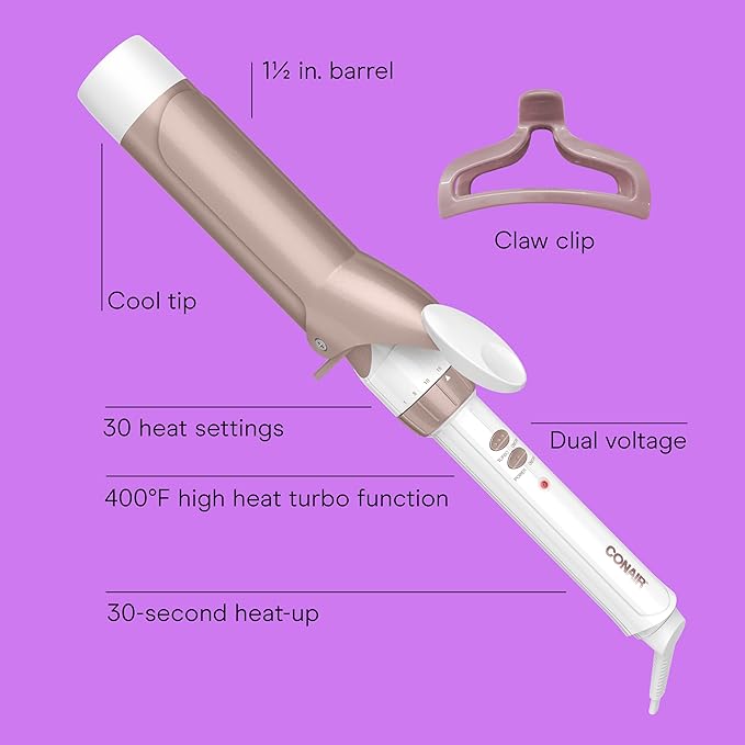 Conair Double Ceramic 1 ½-Inch Curling Iron with Claw Clip, 1 ½-Inch Barrel Creates Soft Waves, Hair Waver for Use on Medium & Long Hair, White/Rose Gold
