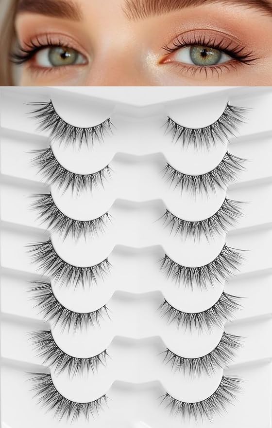 Natural Cat Eye Lashes 14mm Wispy Eyelashes with Thin Band 3D Volume Soft Strip Lashes Pack C Curl 7 Pair