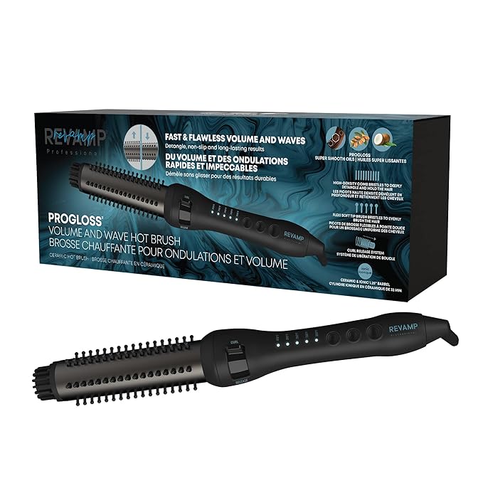 Revamp Progloss Volume & Wave Ceramic Heated Brush – Curling Iron Brush with Retractable 1.25” Bristles, Ceramic Barrel Infused with Progloss Oils for Frizz-Free Shine – Auto-Off & 9’ Swivel Cord