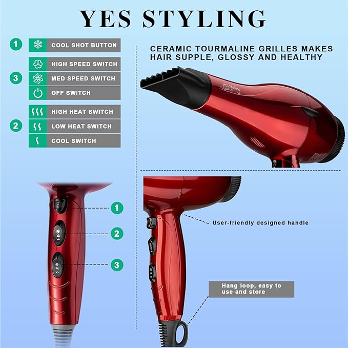 Professional Salon Hair Dryer, 1875W Blow Dryer, 2 Concentrator Nozzles, 3 Heat Settings, 2 Speed Slide Switch, Cool Shot Button, Fast Drying for Family, Low Noise (Cola Red)
