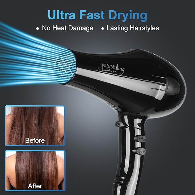 Professional Salon Hair Dryer, Blow Dryer Active Oxygen Negative ions Dryer with Attachments for Fast Drying for Family, Low Noise (Mirror Black, 1 Accessory)
