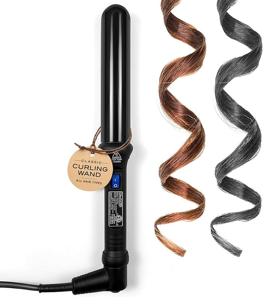 NuMe Classic Ceramic Curling Wand - Tourmaline 1.25 Inch Barrel Hair Curler, Negative Ion Conditioning, Far Infrared Heat - All Hair Types - Black