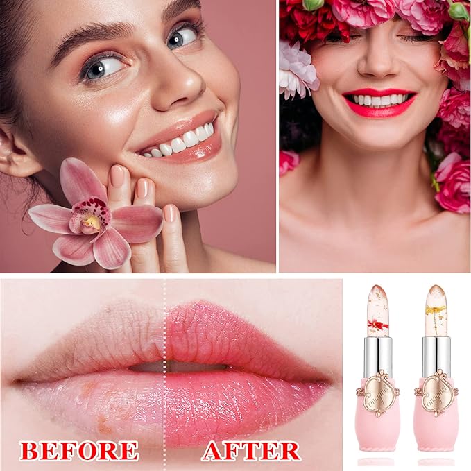 2 Pack Crystal Jelly Flower Lipstick,Magic Temperature Color Change Lip Gloss Lip Stick PH Clear Magic Lipstick Long Lasting Nutritious Moisturizing Lip Balm（Set B）