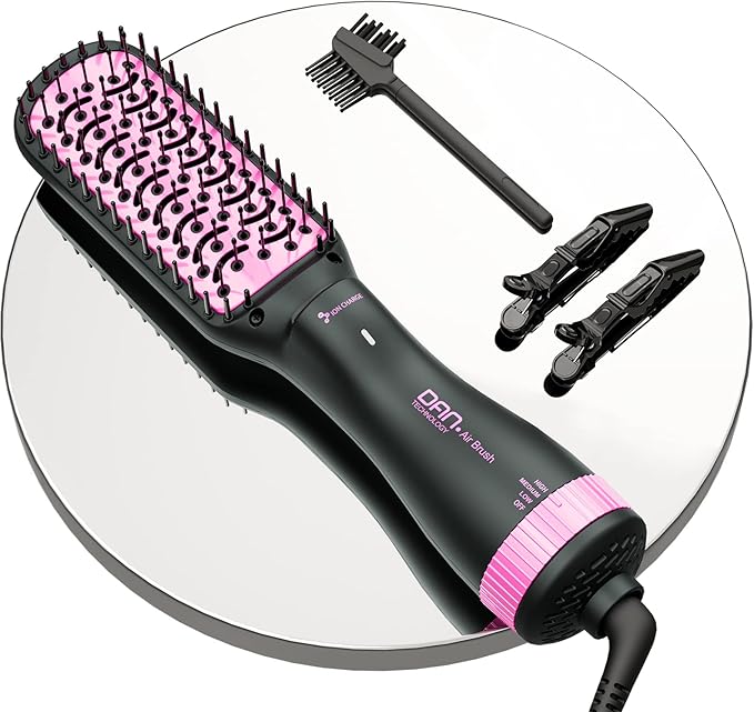 Negative Ion 3-in-1 Hair Styling Brush: 2-inch Blow Dryer, Straightener, and Paddle Brush with Anti-Scald & ALCI Safety Plug