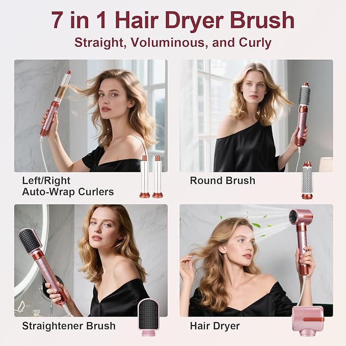 Hot Air Brush Blow Dryer, 7-in-1 Styler Curling Wrap&Hair Dryer - 110,000 RPM Negative Ion, 3 Temp Settings for Straightening/Curls/Drying/Smoothing-Hair Styling Tool