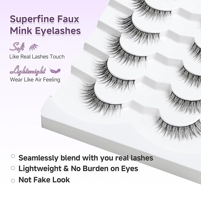 Natural Cat Eye Lashes 14mm Wispy Eyelashes with Thin Band 3D Volume Soft Strip Lashes Pack C Curl 7 Pair