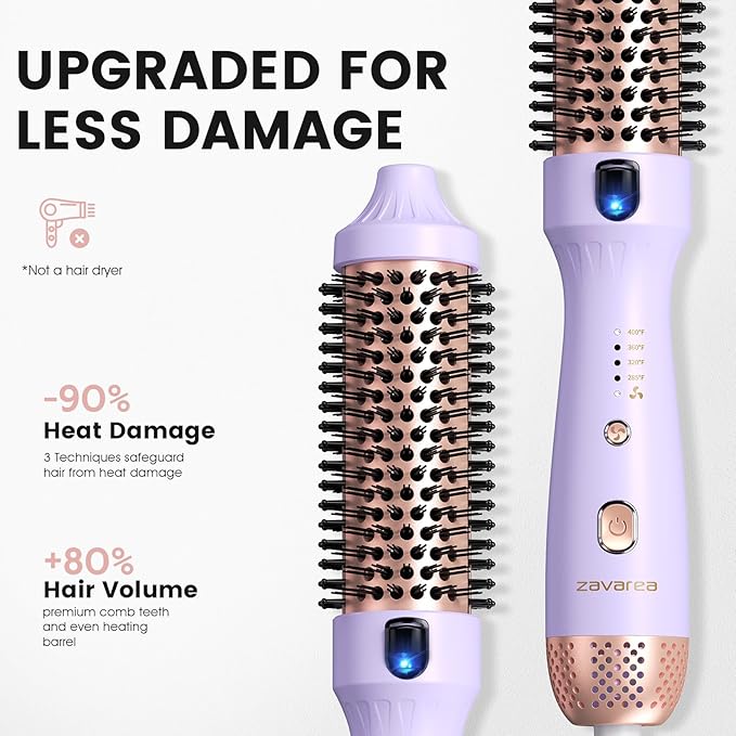 Thermal Brush for Less Damage, Zavarea 1.5 Inch Heated Round Brush for Blowout Look, Heated Curling Styler with Negative Ions & Ceramic for Volumizing, Easy to Use, Dual Voltage (Valoran Purple)