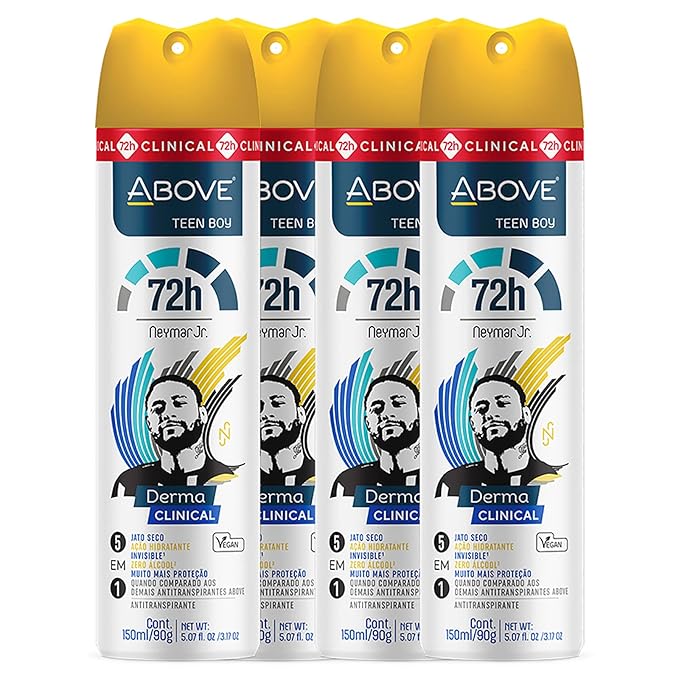 ABOVE Neymar Jr Teen Boy - 72H Antiperspirant Spray Deodorant for Men 5.07 Fl Oz(4 Pack) | Aluminum-Free | Fresh Mist, No Stain & Alcohol, Long-Lasting Men's Deodorant Spray | Lemon, Cedar, Jasmine