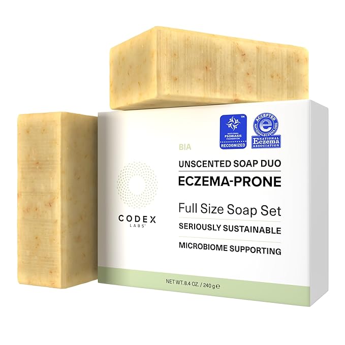 Codex Labs Eczema Soap for Kids & Adults – 2-Pack Unscented Eczema Hand Soap Bars with Shea Butter, Olive Oil & Calendula – Microbiome-Supporting, pH-Balanced, Clinically Tested – 8.4 oz Total