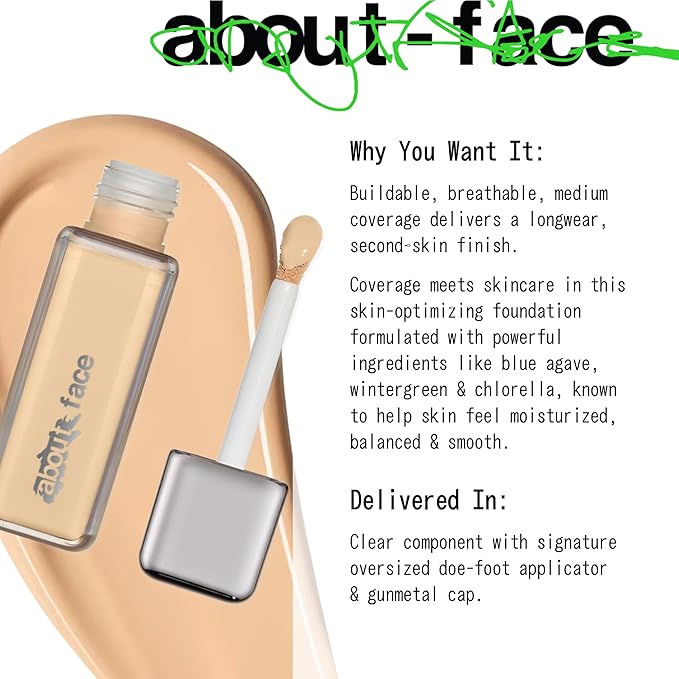 about-face THE PERFORMER Skin-Focused Foundation L2Neutral – Medium Coverage, Long-Wear, Breathable & Buildable Base – Clean, Vegan, Hydrating Formula with Blue Agave & Chlorella – 1.08oz