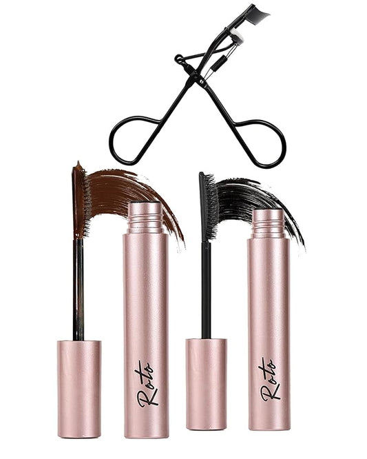 3D Curling Iron Wand Mascara - Volumizing Telescopic Mascara, Waterproof & Smudge-Proof, Liquid Lash Extensions Look, No Clumps, Flakes or Residue, Salon-Like Bold Lashes (black+brown+lash curler)