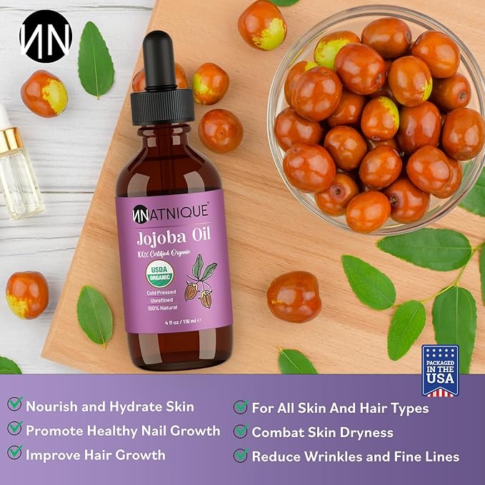 Natnique Organic Jojoba Oil 4 oz – USDA Certified, Cold Pressed, Unrefined & Hexane-Free – Pure Moisturizer for Hair, Face, Skin, Beard, Scalp, Nails & Cuticles – Natural Care (4 Oz)