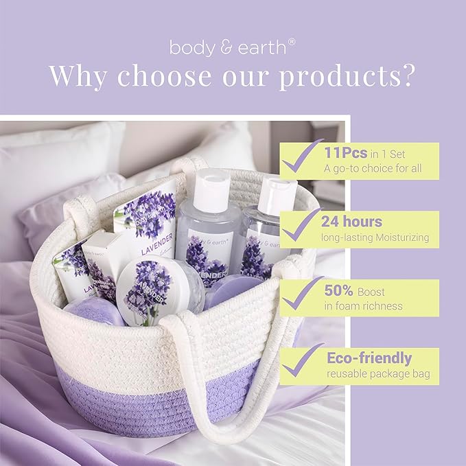BODY & EARTH Spa Gift Baskets for Women 11pcs Lavender Gift Sets with Bubble Bath, Shower Gel, Body Lotion, Birthday Gifts for Women, Spa Kit for Mom Gifts, Purple Gift