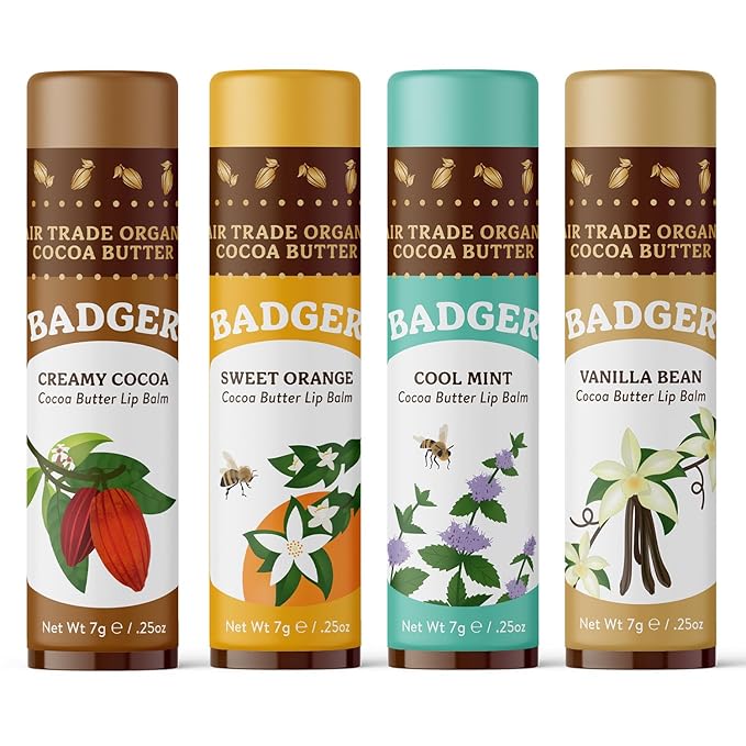 Badger Cocoa Butter Lip Balm Set, 100% Organic, Long Lasting Lip Moisturizers, Lip Care Variety Pack (Cocoa, Orange, Mint & Vanilla), All Natural Lip Balms, 4-pack