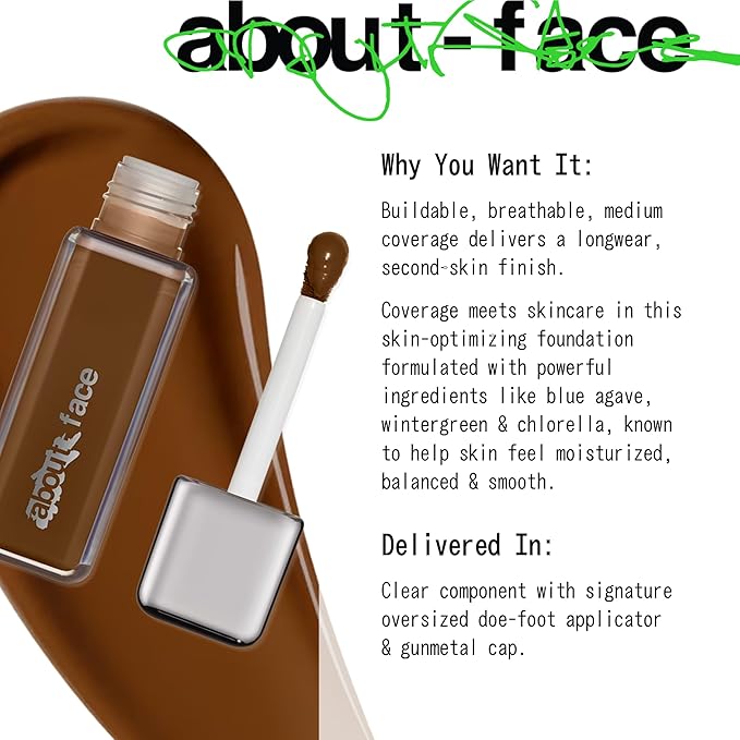 about-face THE PERFORMER Skin-Focused Foundation D3Olive – Medium Coverage, Long-Wear, Breathable & Buildable Base – Clean, Vegan, Hydrating Formula with Blue Agave & Chlorella – 1.08oz