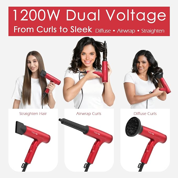 TOME 1200W Hair Dryer Travel Dual Voltage 120V/240V Foldable Blow Dryer with Diffuser Comb Nozzle Storage Bag Universal Power Adapter (Red)