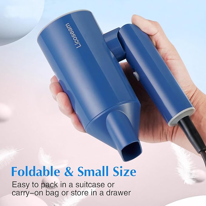 Hair Dryer, 1600W Small Foldable Hair Blow Dryer, Fast Drying Compact Hair Dryer, Blue