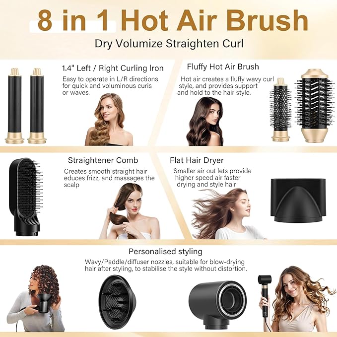 Hair Dryer Brush, 8 in 1 Professional Hot Air Styler, 110,000 RPM High-Speed, Fast Drying - NO Heat Damage Blow Dryer Brush for Curling, Volumizing, and Straightening