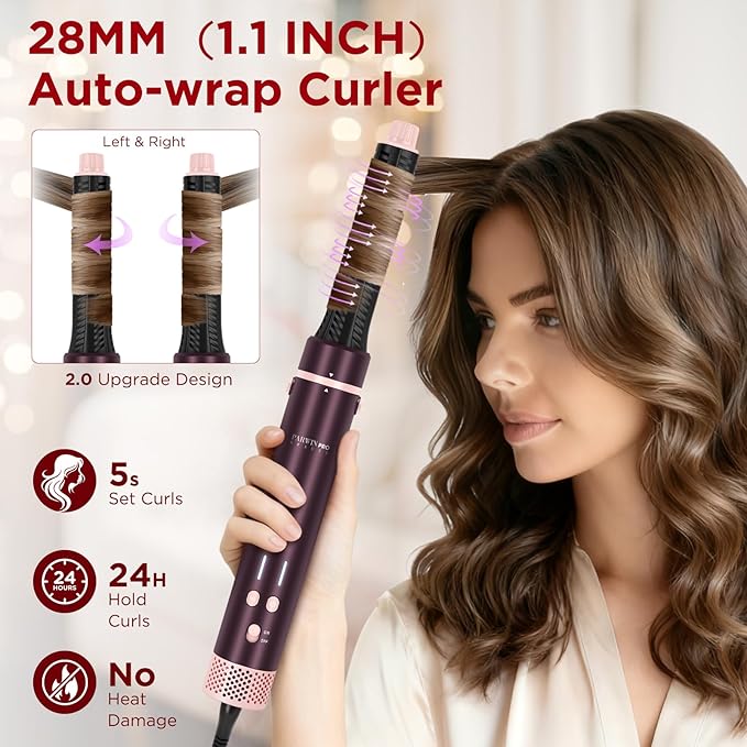 7-in-1 Hot Air Styler, Dual Voltage MaxAIR 2.0 Multi-Styler Set, High Speed Hair Dryer Brush with Air Hair Straightener, 1.1 Inch Auto-Wrap Curlers, 110,000RPM, Christmas Edition, Jasper Plum