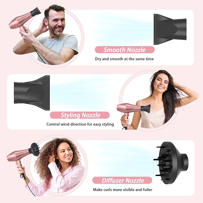 Ionic Hair Dryer,2400W Negative Ion Low Noise Hair Dryer Professional Fast Drying Hair Dryers with 2 Speeds, 3 Heat Settings, Cooling Button,with Diffuser for Curly and Straight Hair（Sakura Pink）