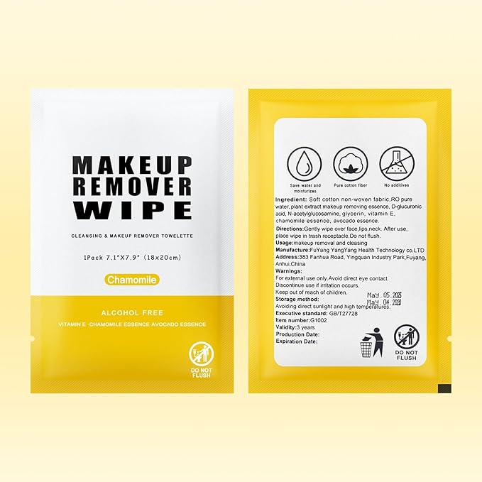 Pack of 100 Makeup Remover Wipes Individually Wrapped,Chamomile Scent,Face Cleansing Wipes Bulk, Travel Towelette Makeup Remover Cloth for Face Cleansing Skin Care Remove Makeup