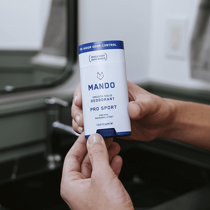 Mando Smooth Solid Stick (2.6 Ounce) + Acidified Body Wash (8.5 Ounce) - Clinically Proven to Block Odor All Day - Whole Body Safe For Pits, Packages + Feet (Pro Sport)