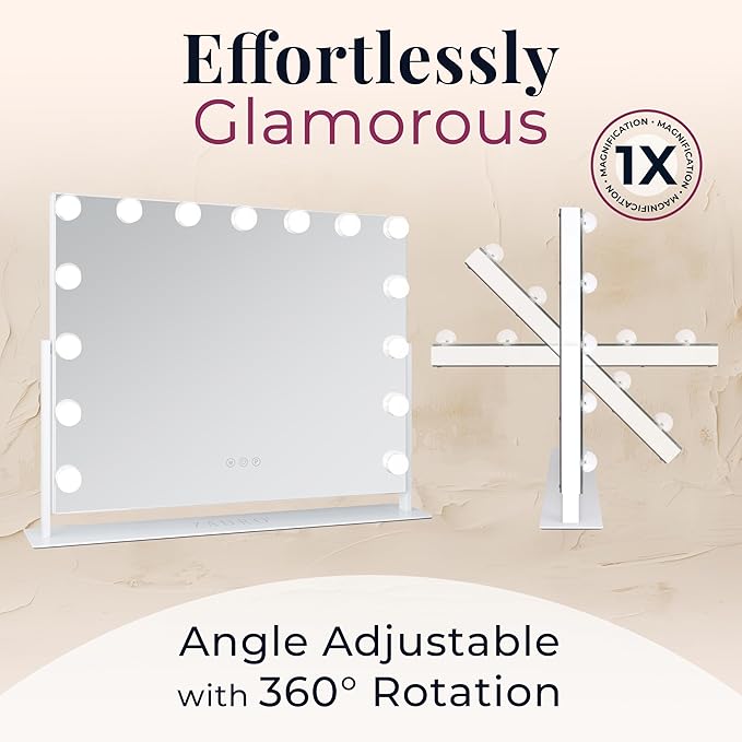 Zadro Hollywood Lighted Vanity Mirror with 15 LED Bulbs, 3 Color Light Settings, 360° Rotation Makeup Mirror Head (26" H x 20" W | 1X | White)