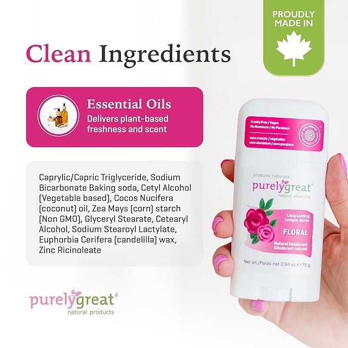Purelygreat - Floral-Scented Natural Deodorant Stick, Travel-Friendly Hygiene Essentials for Women, Natural Deodorant for Men Without Aluminum & Parabens, 2.64 oz / 75 g