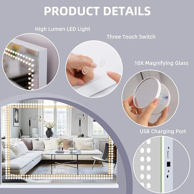Misavanity Vanity Mirror with Lights Dots 32x23 Inchs Makeup Mirror with LED Lights Tempered Glass Touch Screen Control Dimmable 3 Colors Modes USB Charging Port 10X Magnification, White