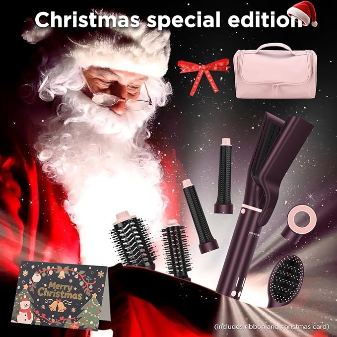 7-in-1 Hot Air Styler, Dual Voltage MaxAIR 2.0 Multi-Styler Set, High Speed Hair Dryer Brush with Air Hair Straightener, 1.1 Inch Auto-Wrap Curlers, 110,000RPM, Christmas Edition, Jasper Plum