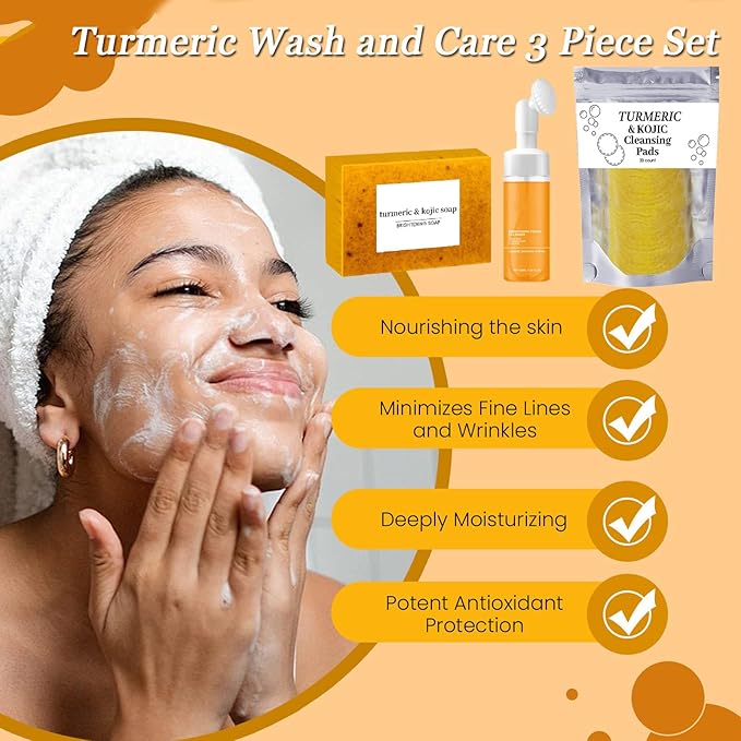 Turmeric Wash and Care Three Piece Set, Turmeric Trio: Facial Wash, Cleansing Mousse & Soap for Skin Care, Turmeric Cleansing Exfoliating Pads, Turmeric Face Wash for Face & Body