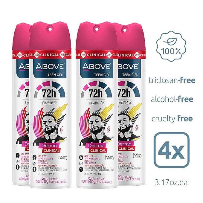 ABOVE 72H Whole Body Spray Deodorant for Women – Neymar Jr Teen Girl(4 Pack) – Aluminum Free Antiperspirant Deodorant Spray – Long-Lasting Protection, No Stains, Vegan, Cruelty-Free, Rose & Musk Scent